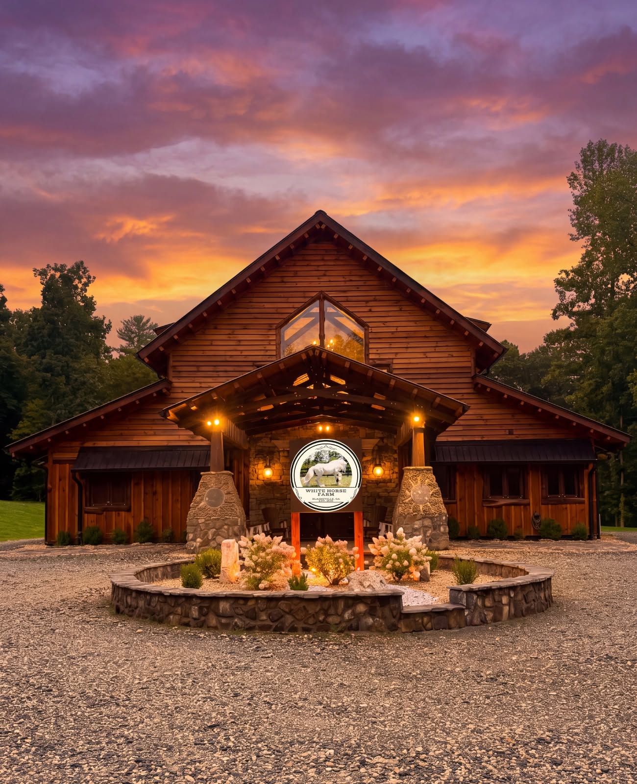 White Horse Farm barn exterior at sunset